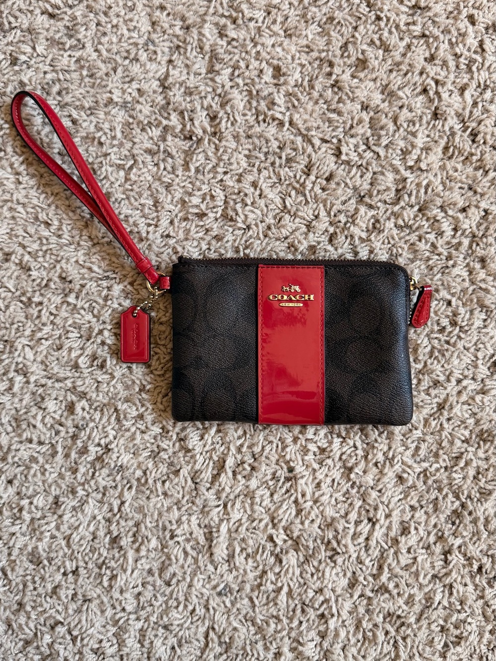 Coach Brown Signature Wristlet with Red Patent Stripe